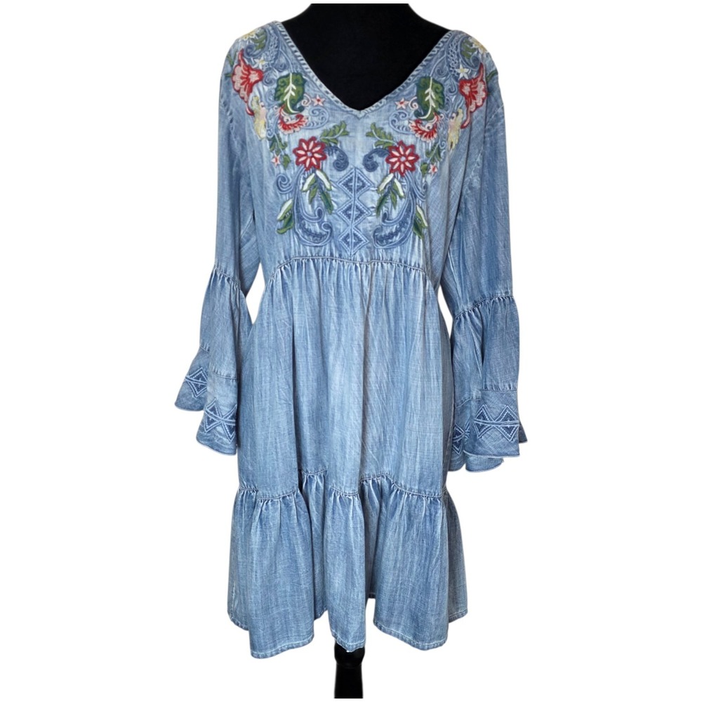Karyn Seo Embroidered Chambray Dress Large Boho Western Tencel Bell Sleeve